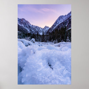 Fryst löv och berg vid solnedgång poster