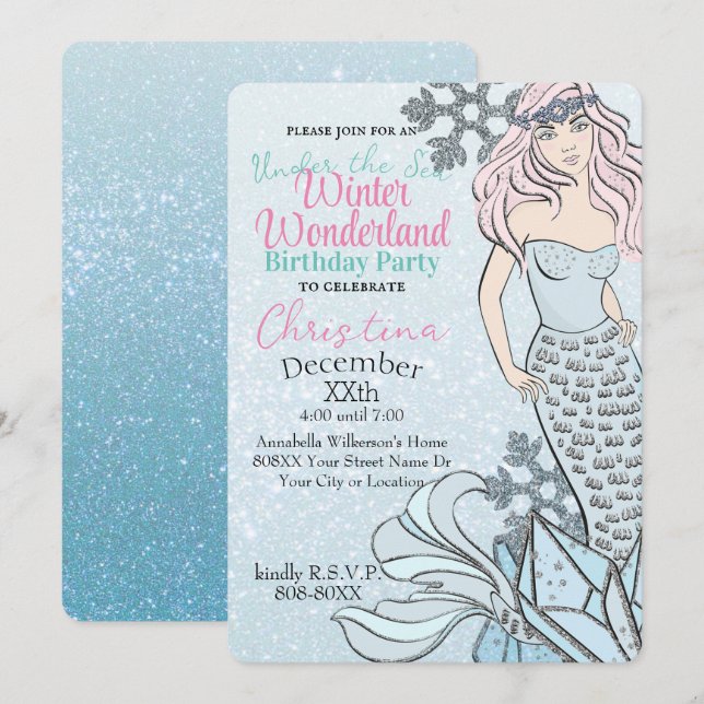 Fryst Sjöjungfru Princess Winter Temaparty Inbjudningar (Fram/baksida)