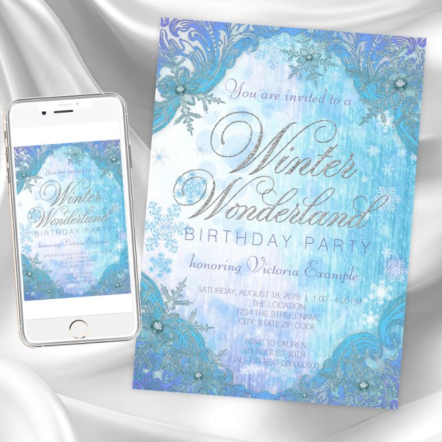 Fryst Snöflinga Vinter Värld Födelsedagsfest Inbjudningar (Winter wonderland invitation any occasion. Instant download and printed invitations available.)