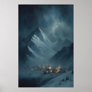 Fryst snöigt bergsby under snöig skymning poster