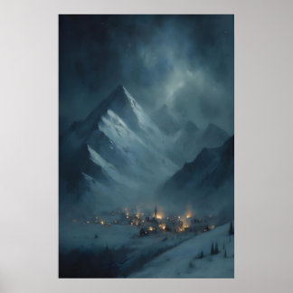Fryst snöigt bergsby under snöig skymning poster
