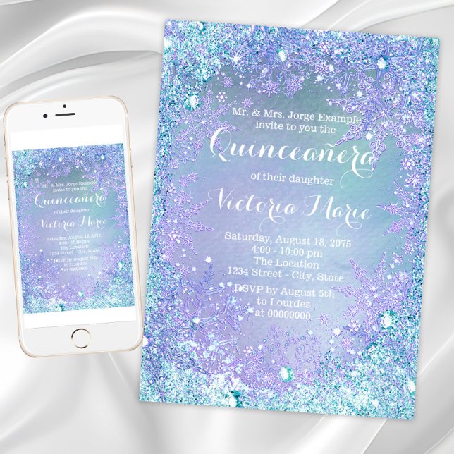 Fryst Winter Wonderland Lila Teal Quinceanera Inbjudningar (Winter wonderland birthday party invitation. Any number birthday and event invitation. )