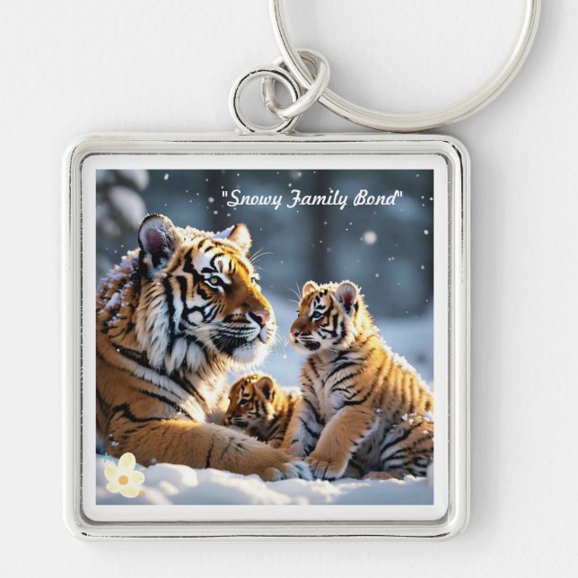 "Frysta inslag av tigerglädjen" Fyrkantig Silverfärgad Nyckelring (Framsidan)