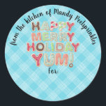 Frysta julkakor från matköket runt klistermärke<br><div class="desc">Den gräddade julkakan ord Lycklig,  Merry,  Helgdag,  Yum på den här personligen "från köket",  "från mitt kök" eller "hemgjord av" till-från julklistermärke för att klä din klara mat,  godis och mattor.</div>