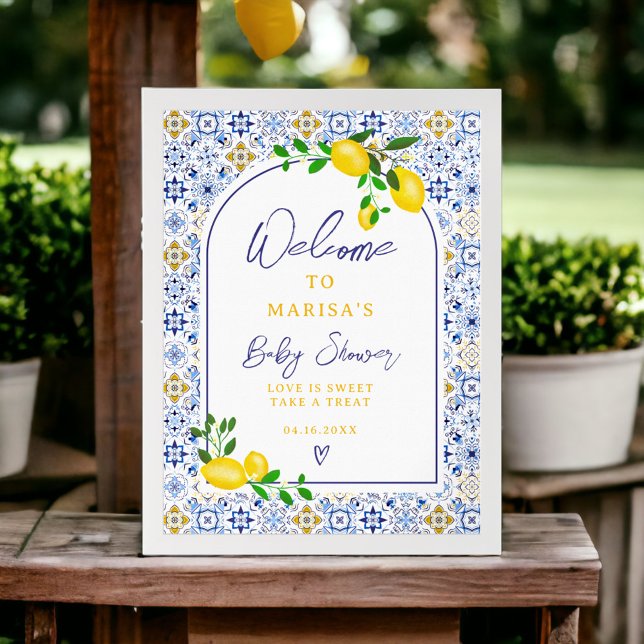 Frystorkade plattor, vattenfärg citron baby poster (Italian blue tiles watercolor lemon baby welcome poster)