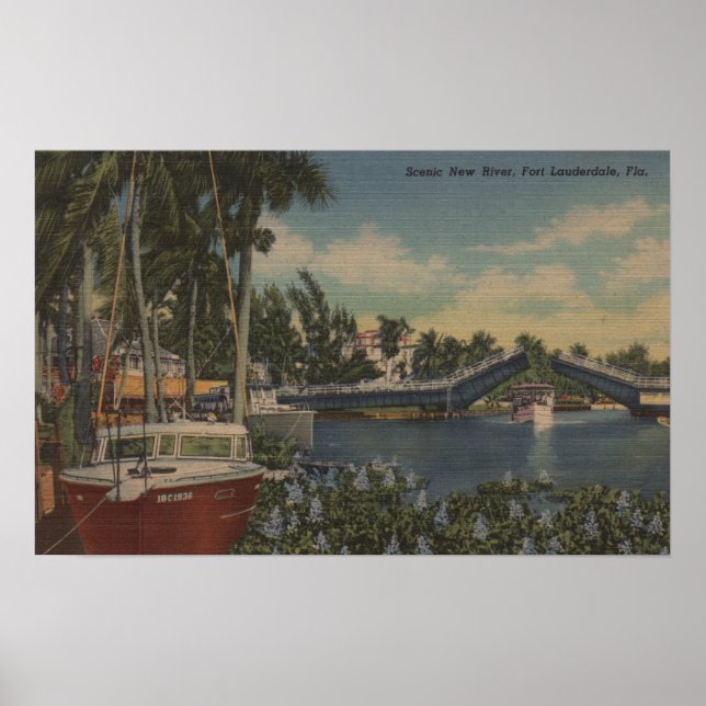 Ft. Lauderdale, FL - New River View & Drawbridge Poster (Framsidan)