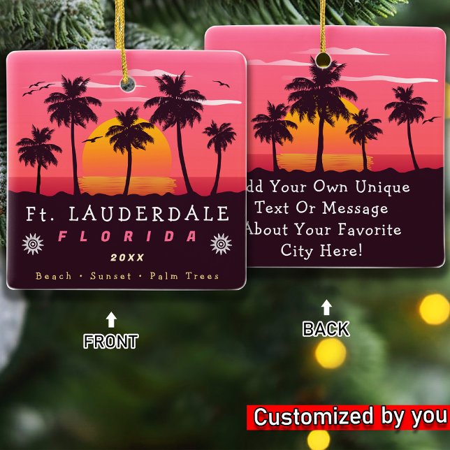Ft Lauderdale Florida Retro Sunset Handflatan Träd Julgransprydnad Keramik (Skapare uppladdad)