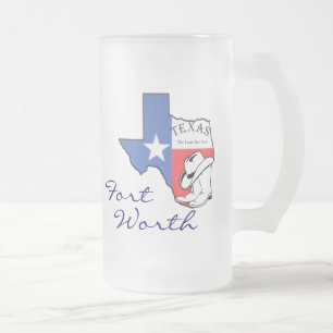 Ft Worth Texas State Karta med Star, Boots, Hat Mu Frostat Ölglas