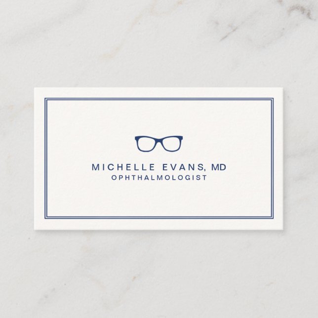 Ftalmologer Navy Blue och Ivory Eyeglasses Visitkort (Framsida)