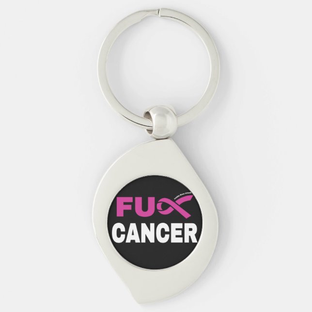 FU CANCER ... bröstcancer Swirl Silverfärgad Nyckelring (Framsidan)