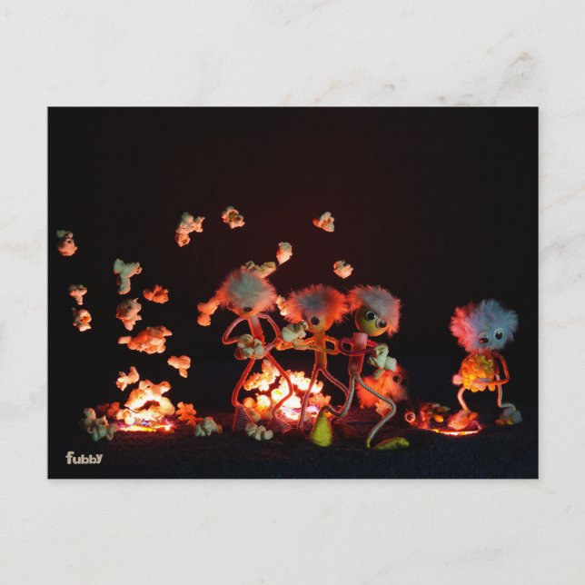 Fubby's bij popcorn explosie uit lava gaten. vykort (Framsida)