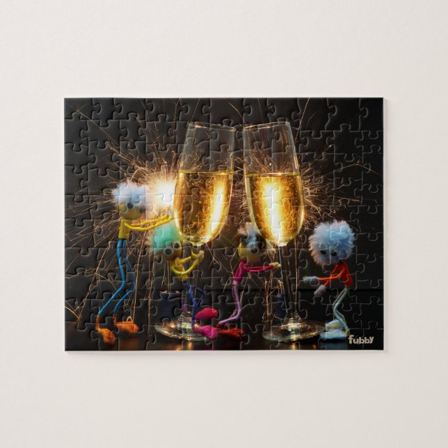 Fubby's die feestelijk proosten met vuurwerk. pussel (Horisontell)