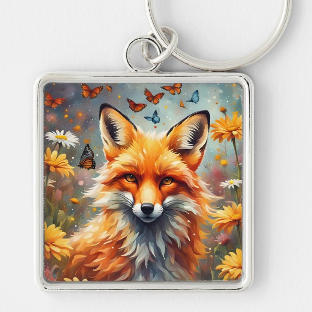 Fuchs auf der Wiese Fyrkantig Silverfärgad Nyckelring (Framsidan)