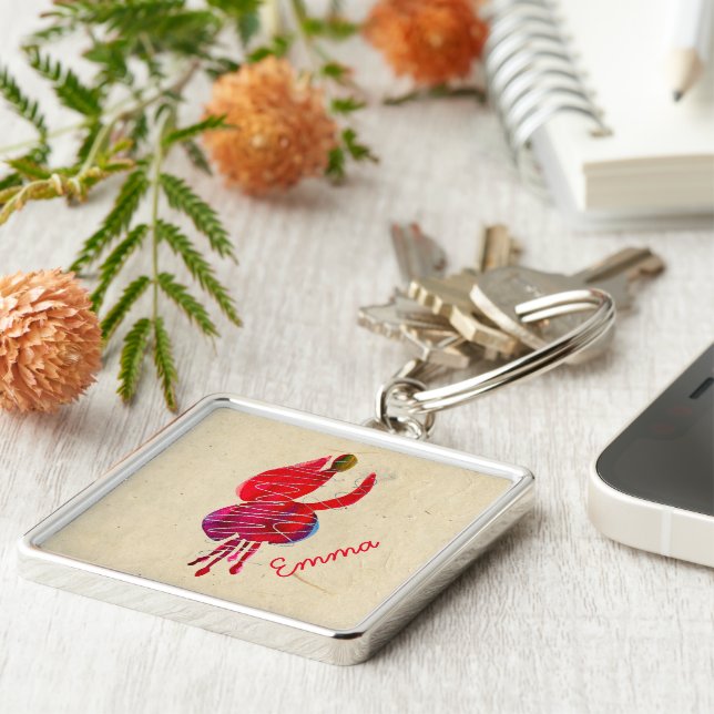 Fuchsia abstrakt akvarellblomma fyrkantig silverfärgad nyckelring (Sidan)