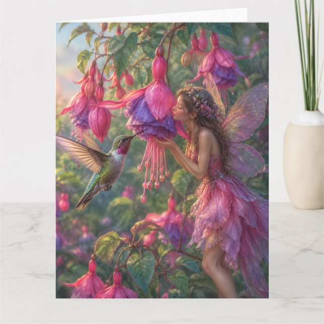 Fuchsia-älva med kolibri kort (Framsida)