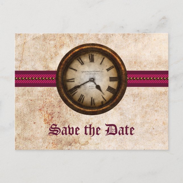 Fuchsia Antique Clock Save Date Postcard Meddelande Vykort (Framsida)