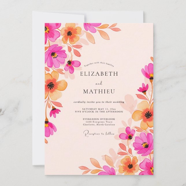 Fuchsia Apricot Radiant Watercolor Wedding Inbjudningar (Framsida)