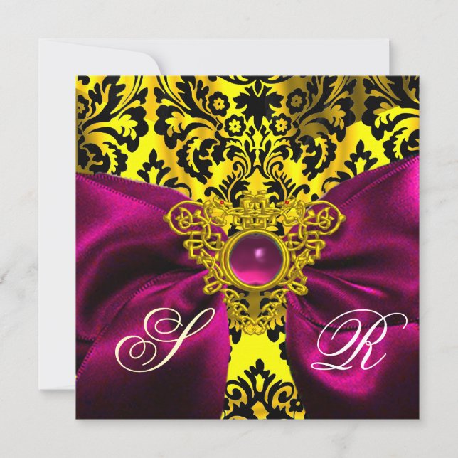 FUCHSIA BAND GULD CELTISKT HJÄRTA DAMASK MONOGRAM INBJUDNINGAR (Framsida)