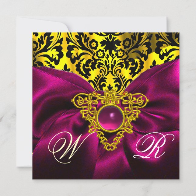 FUCHSIA BAND GULD CELTISKT HJÄRTA DAMASK MONOGRAM INBJUDNINGAR (Framsida)