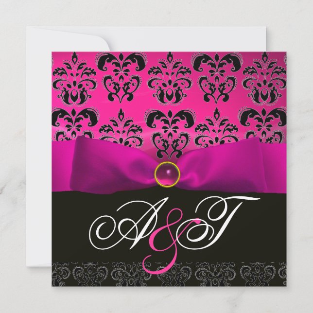 FUCHSIA BAND RÖD LILA SVART DAMASK MONOGRAM INBJUDNINGAR (Framsida)