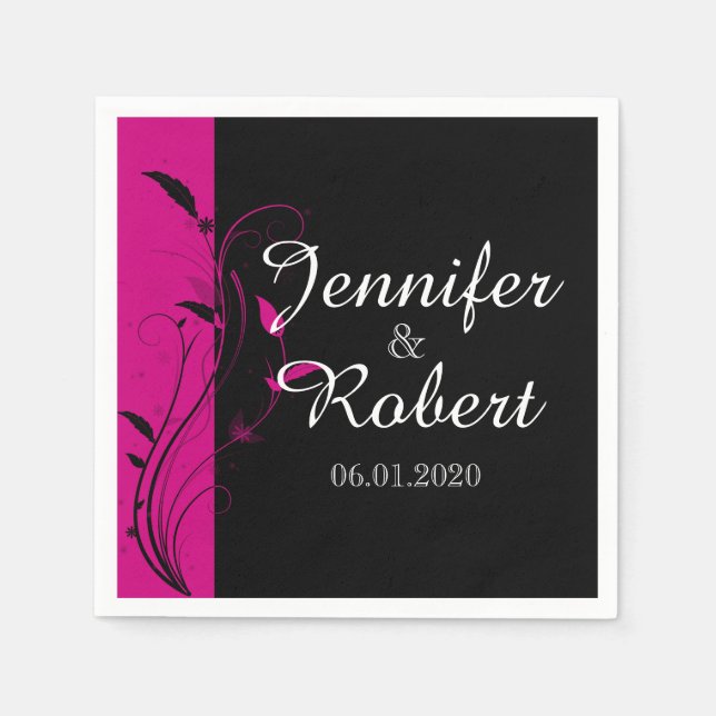Fuchsia Black Blommigt Filigree Bröllop Napkin Pappersservett (Framsidan)