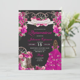 Fuchsia & Black Cowgirl Western Charro Quinceanera Inbjudningar