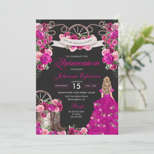 Fuchsia & Black Cowgirl Western Charro Quinceanera Inbjudningar (Stående Fram)