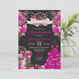 Fuchsia & Black Cowgirl Western Charro Quinceanera Inbjudningar