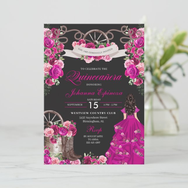 Fuchsia & Black Cowgirl Western Charro Quinceanera Inbjudningar (Stående Fram)