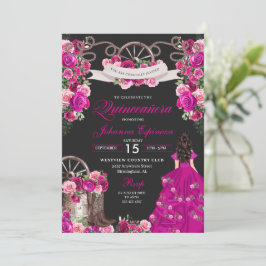 Fuchsia & Black Cowgirl Western Charro Quinceanera Inbjudningar