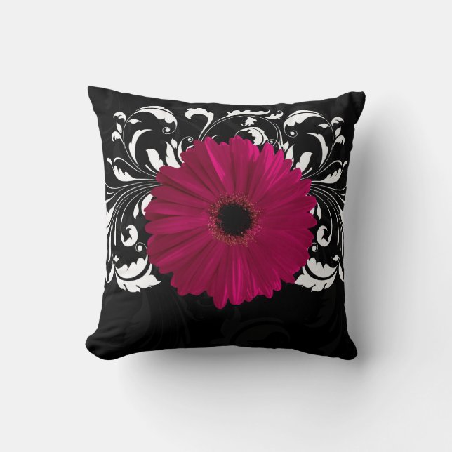 Fuchsia, Black/White Gerbera-Daisyn Kudde (Framsida)