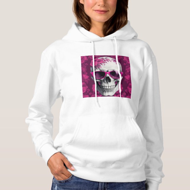 Fuchsia Blommigt 3D Dead Skull med solglasögon T Shirt (Framsida)