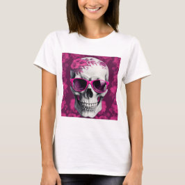 Fuchsia Blommigt 3D Dead Skull med solglasögon T Shirt