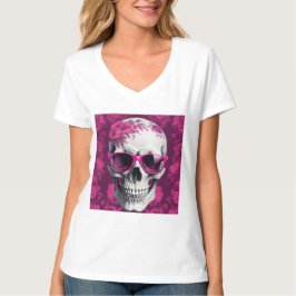 Fuchsia Blommigt 3D Dead Skull med solglasögon T Shirt