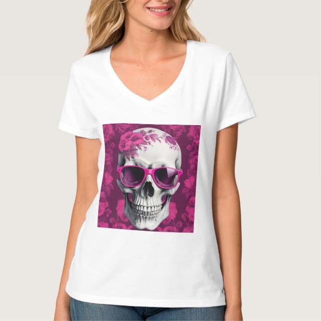 Fuchsia Blommigt 3D Dead Skull med solglasögon T Shirt (Framsida)