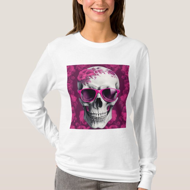 Fuchsia Blommigt 3D Dead Skull med solglasögon T Shirt (Framsida)