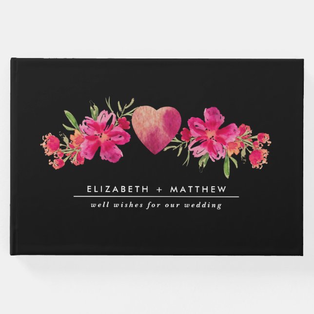 Fuchsia Blommigt Black Bröllop Gästböcker (Framsida)
