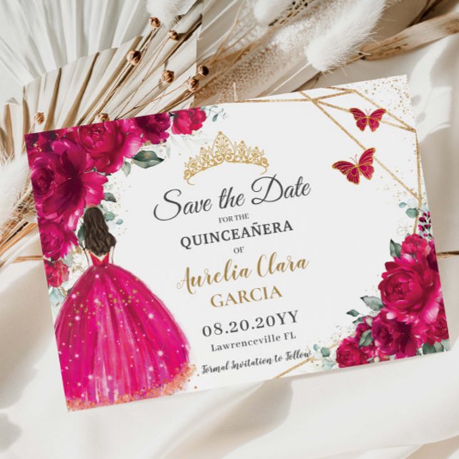 Fuchsia Blommigt Princess Quinceañera Spara datum Spara Datumet (Skapare uppladdad)