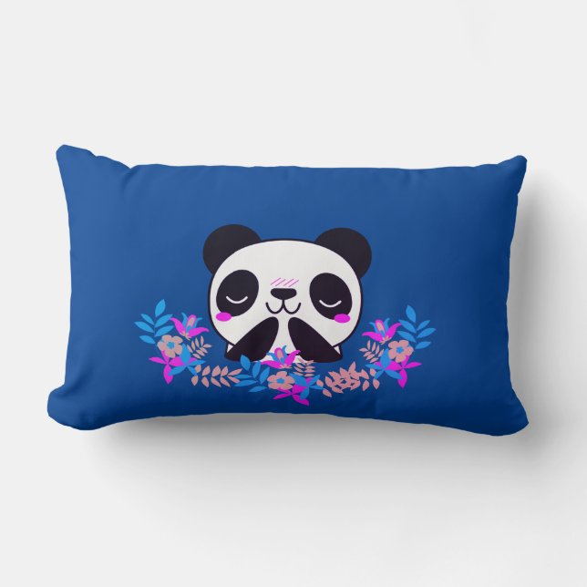 Fuchsia & Blue Blommigt Panda Bear Lumbar Pillow Lumbarkudde (Framsida)