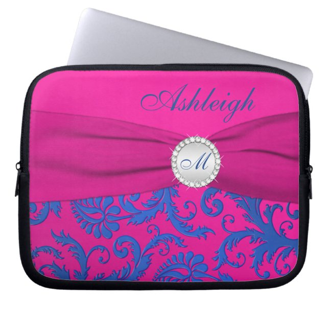 Fuchsia Blue Damask FAUX Ribbon Laptop sleeve (Framsidan)