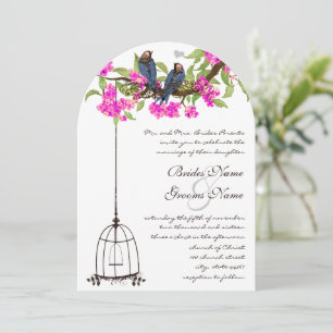 Fuchsia Cherry Blommar Love birds Birdcage Bröllop Inbjudningar