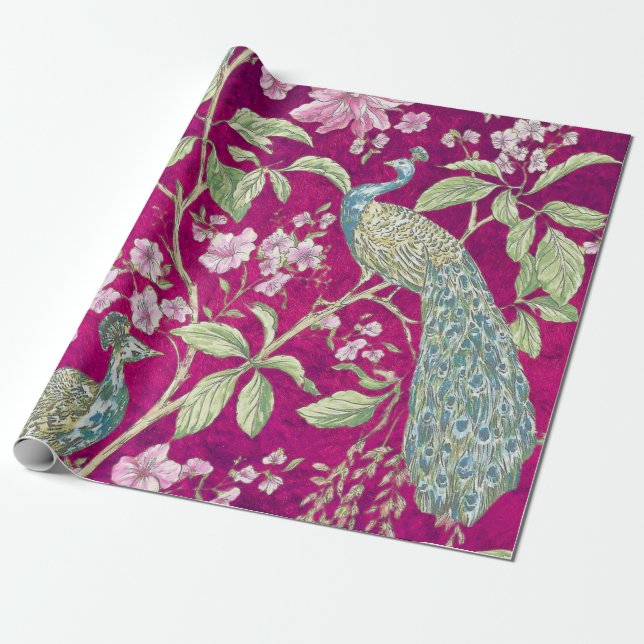 Fuchsia Chinoiserie blommigt Decoupage Presentpapper (Utrullad)