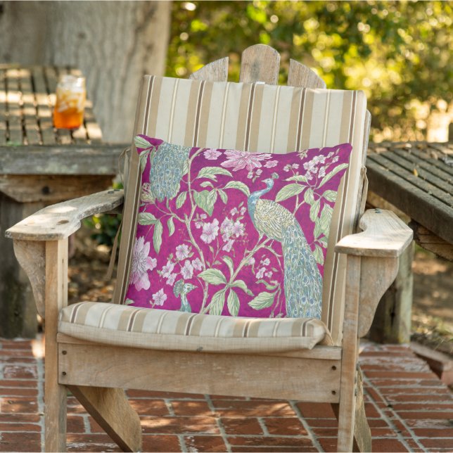 Fuchsia Chinoiserie Peacock Blommigt Patio Kudde (Stol)