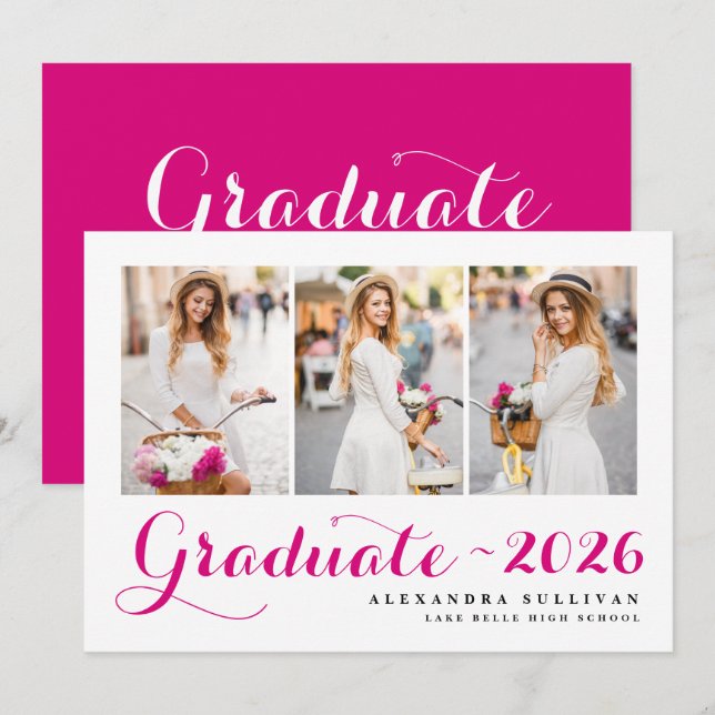 Fuchsia Class of 2025 Photo Collage Studenten Inbjudningar (Fram/baksida)