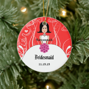 Fuchsia & Coral Bröllop Black Hair Bridesmaid Julgransprydnad Keramik