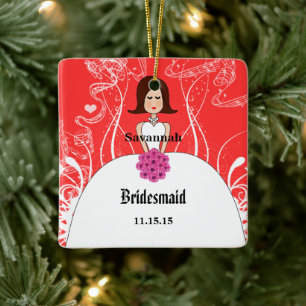 Fuchsia & Coral Bröllop Brown Hair Bridesmaid Julgransprydnad Keramik