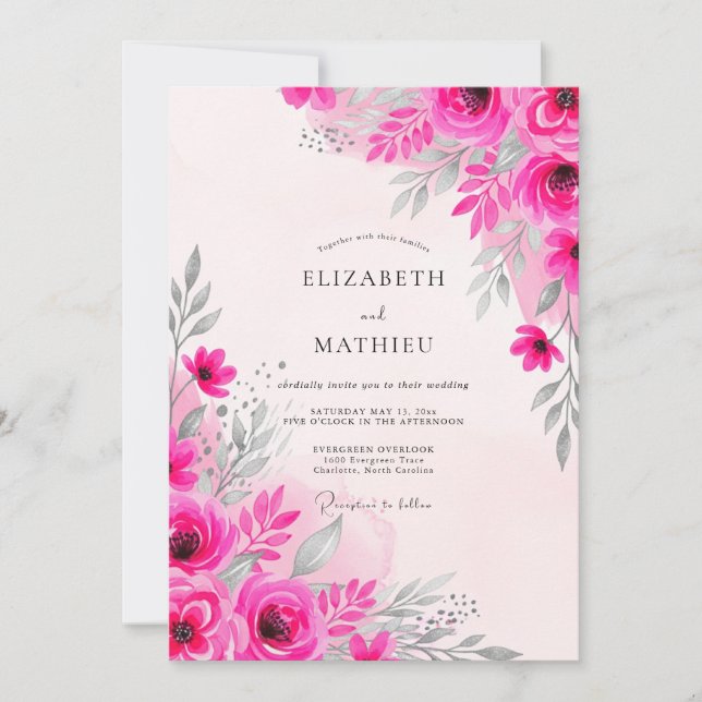Fuchsia Dainty Watercolor Wedding Inbjudningar (Framsida)