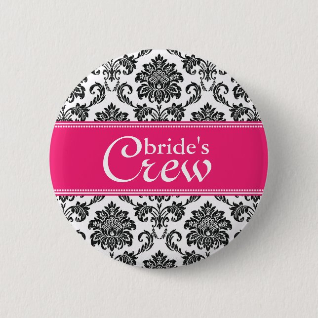 Fuchsia Damask Bride's Crew Button Knapp (Framsida)