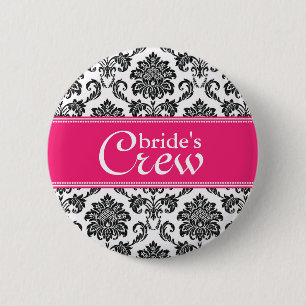 Fuchsia Damask Bride's Crew Button Knapp
