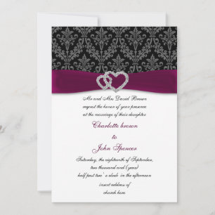 Fuchsia damask FAUX ribbon diamante Bröllop Inbjudningar